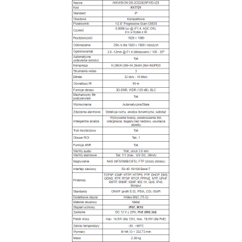 KAMERA TUBOWA IP HIKVISION DS-2CD2625FWD-IZS 2Mpx 2.8-12mm IR50 12VDC PoE
